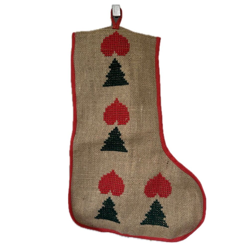 Vintage 70s Handmade Jute Burlap Cross-Stitching Christmas Tree Hearts Stocking